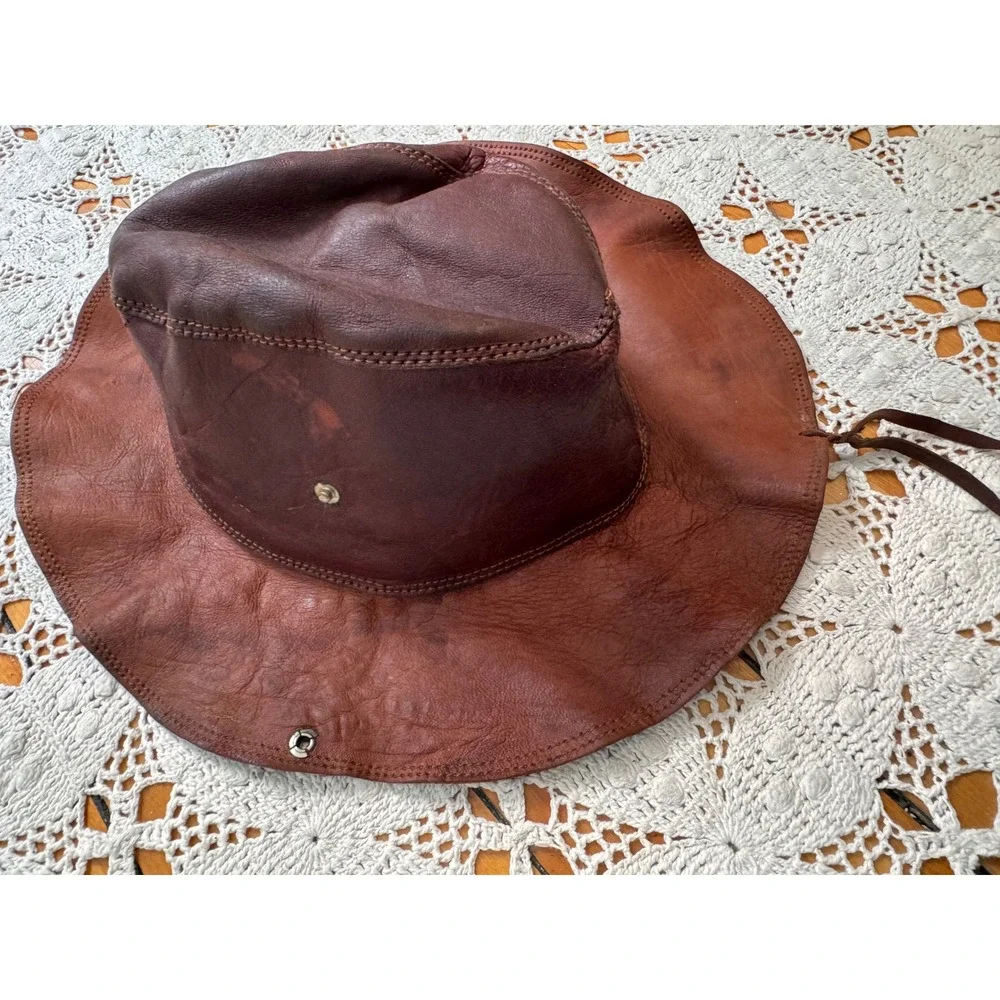 Vintage‎ 70's Brown Leather Rancher Hat Snap Up Brim Western Cowboy S
